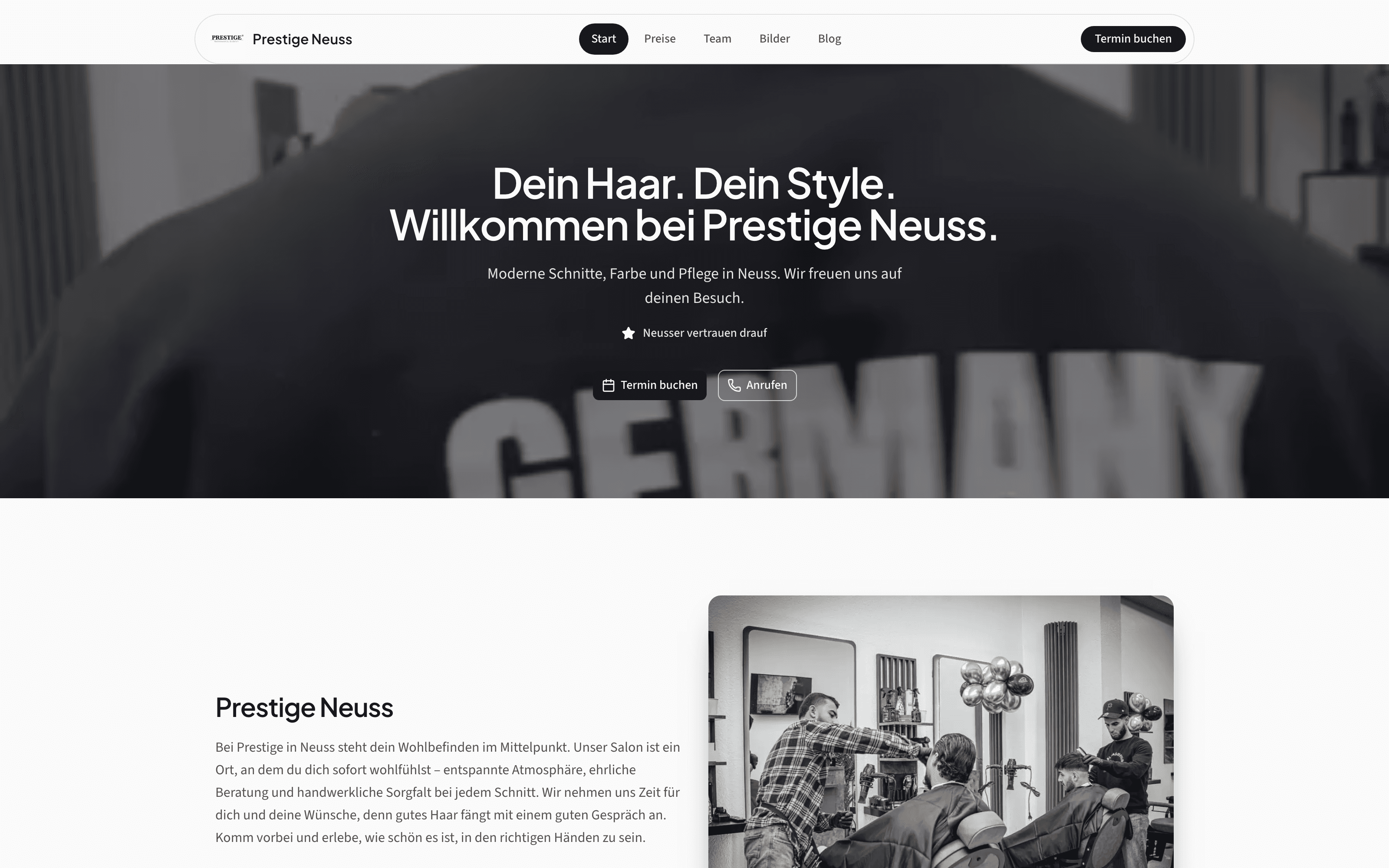 Live-Webseite des Referenz-Salons Prestige Neuss, gebaut mit Kammio